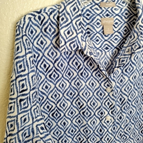CHICO'S No-Iron Linen Diamond Ikat-Print Roll-Tab Sleeve Shirt sz 16/18 - Picture 3 of 10